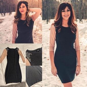 “By & by” Color block sweater dress with bedazzled shoulders